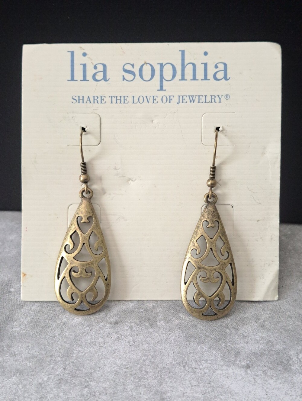 Lia Sophia Antique Gold Teardrop Filigree Dangle Earrings